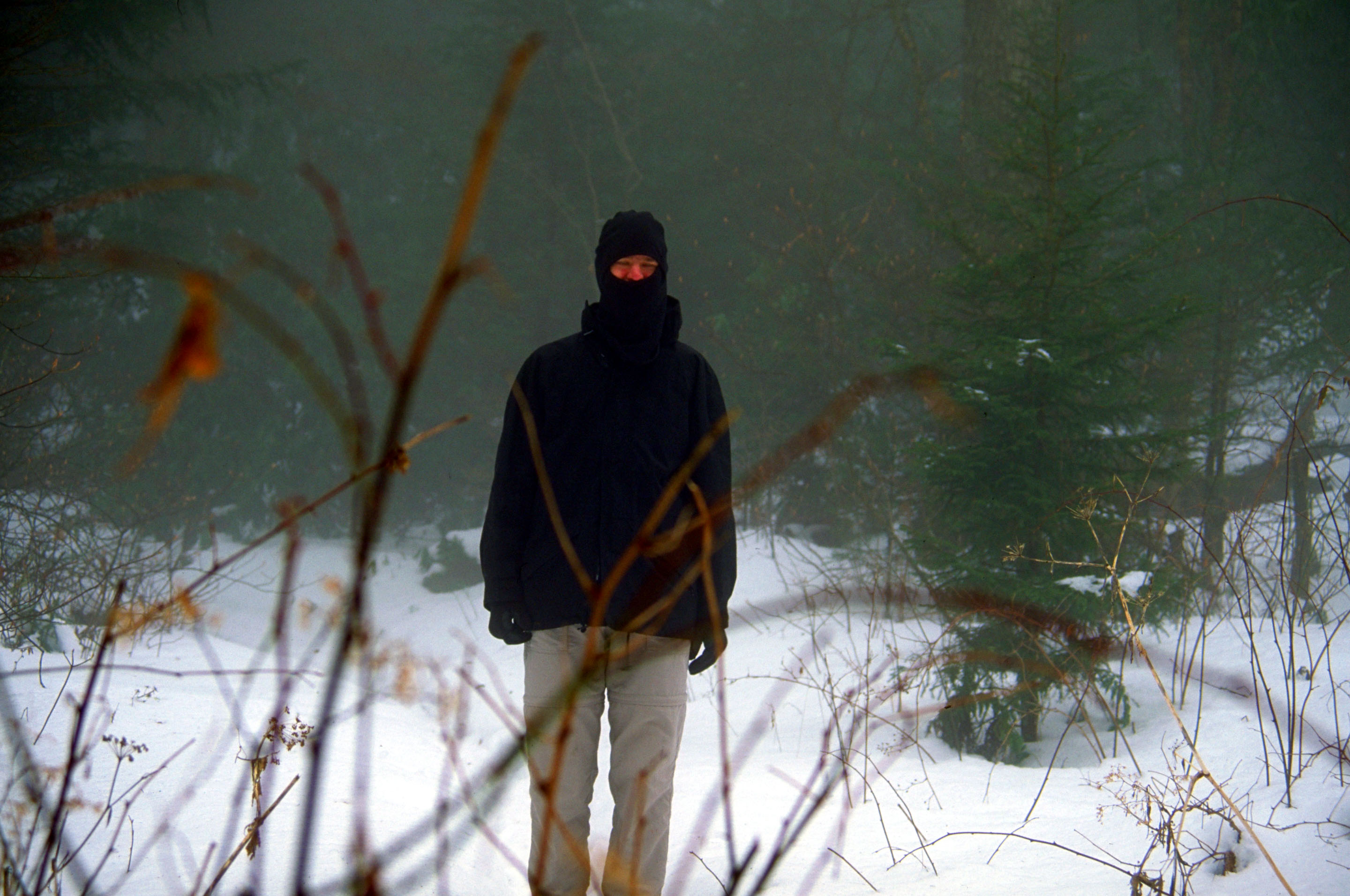 self-portrait in the fog and snow