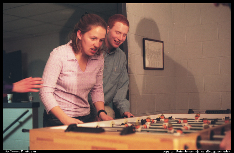 Kim and Frank play foosball