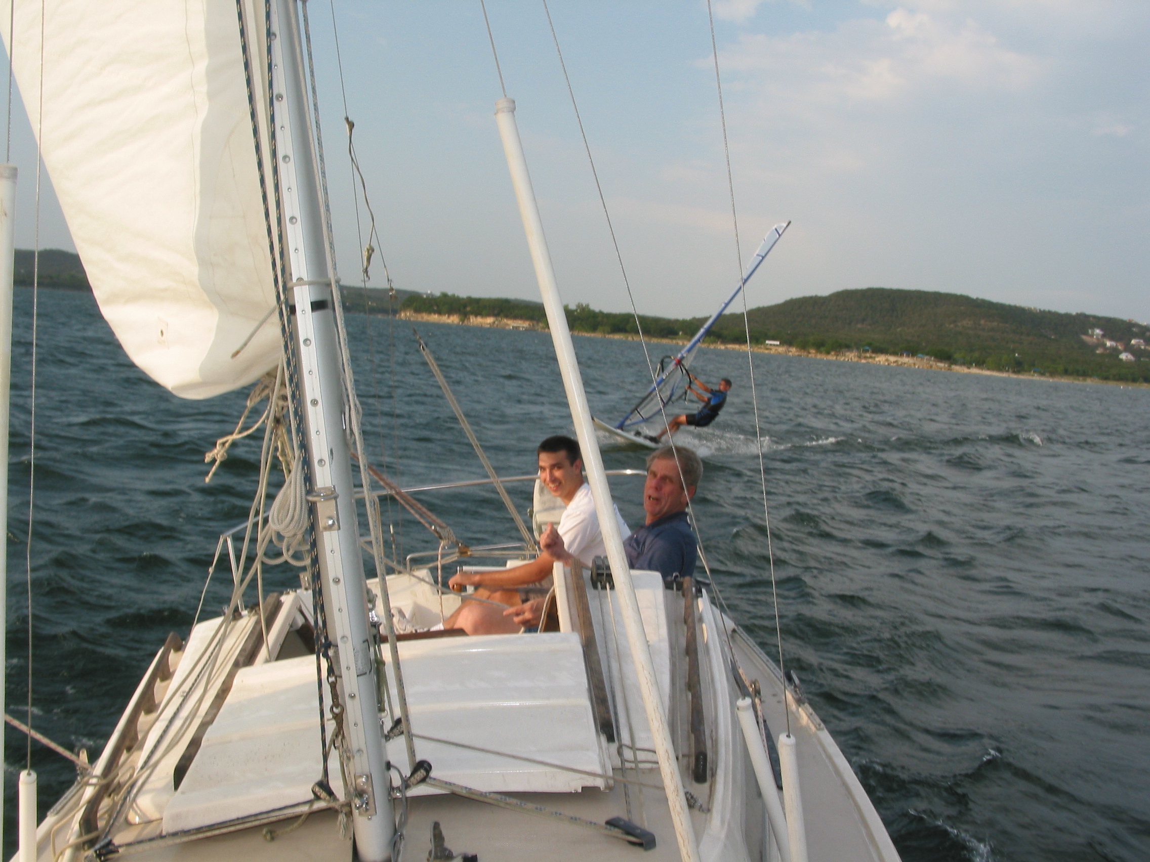 note the windsurfer blasting by off the aft end of our boat