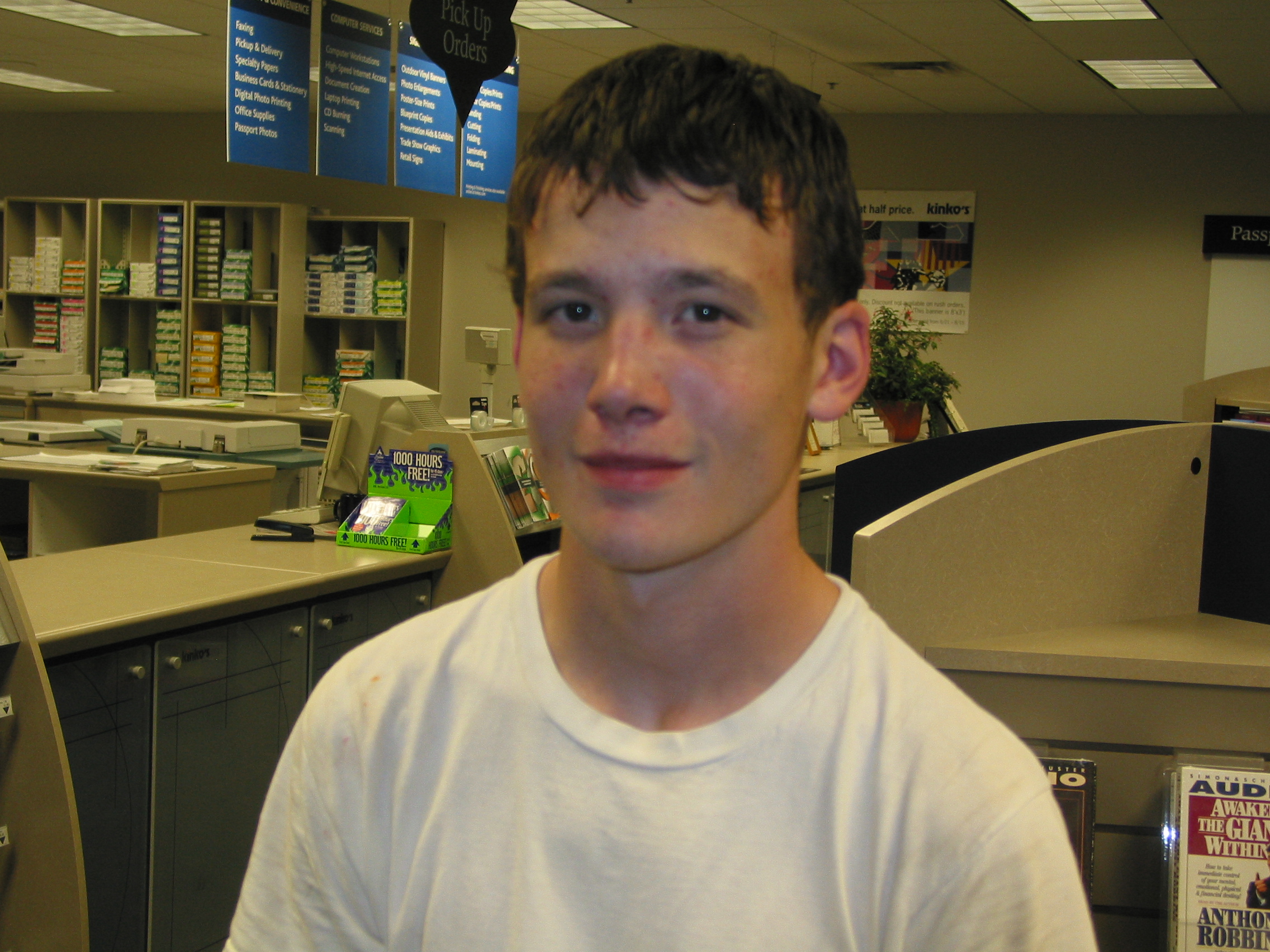 Garrett in Kinkos (after searching for the dog for a long time)