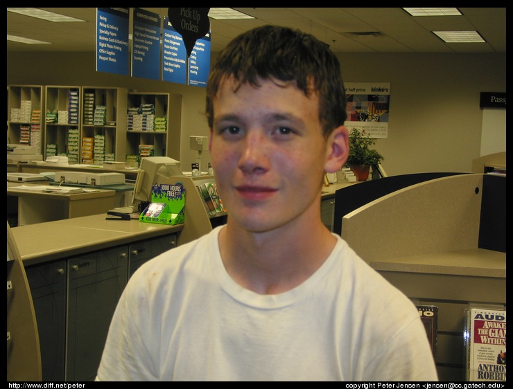 Garrett in Kinkos (after searching for the dog for a long time)