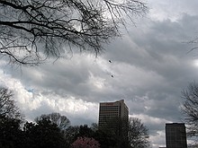 two blackhawks low over campus