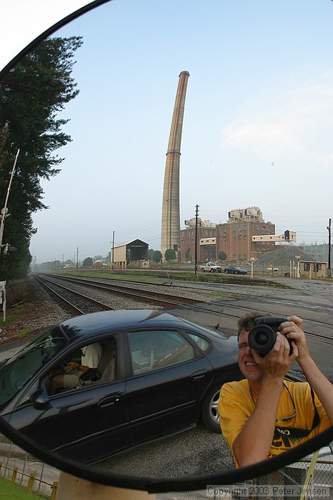 me taking silly pictures of GA Power Plant Arkwright's 582' stack, one week before it will be demolished