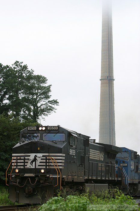 the top of Plant Arkwright's 582' stack is obscured in the morning fog