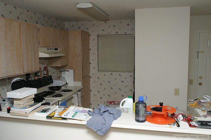 kitchen with stuff still being unpacked...