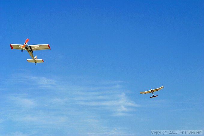 Charles and Randy aerotowing the DAW Dragonette with a GWS electric plane