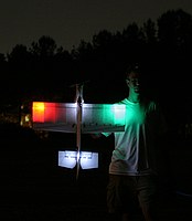 Peter with his Funplanes Edge 540.  Two red and two green LEDs inside the wing, one each white LEDs in the keel and tail.