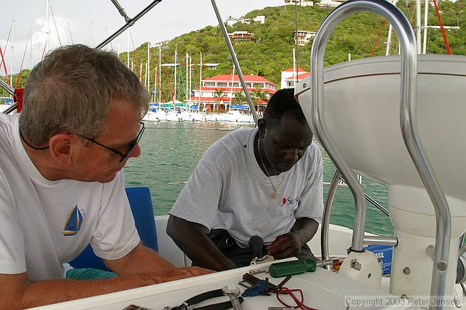 fixing the throttle cable on our boat