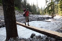 one of the sketchiest crossings you can make on a good bridge - NPS trail crew was adding a one-sided handrail on our trip out