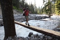 one of the sketchiest crossings you can make on a good bridge - NPS trail crew was adding a one-sided handrail on our trip out