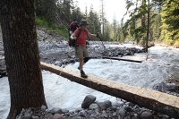 one of the sketchiest crossings you can make on a good bridge - NPS trail crew was adding a one-sided handrail on our trip out