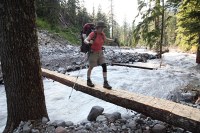 one of the sketchiest crossings you can make on a good bridge - NPS trail crew was adding a one-sided handrail on our trip out