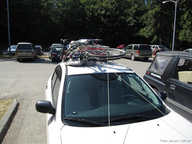 a remarkable improvised rack - even more so for that felt quite secure and the car and bikes looked well-protected