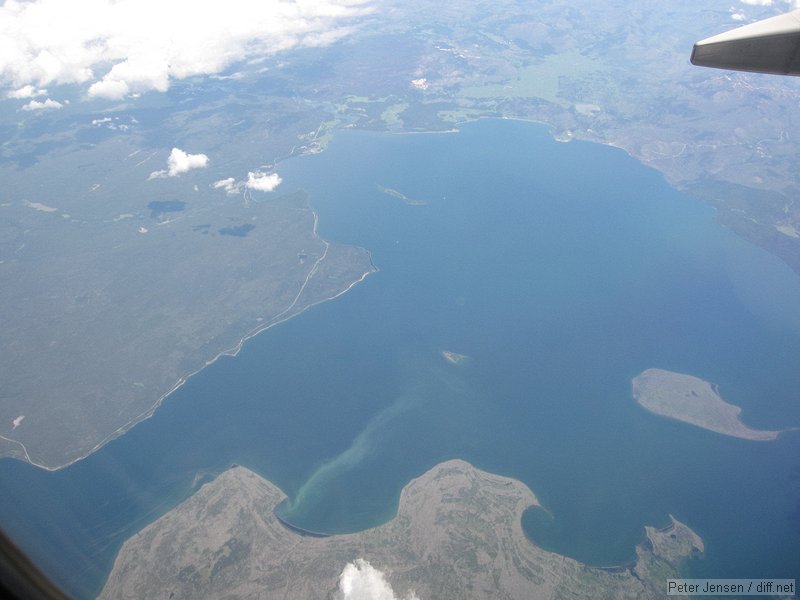 Yellowstone Lake with Fishing Bridge and such visibile on the north shore