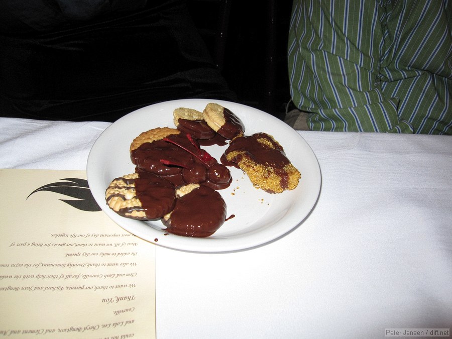 chocolate covered cookies, strawberries, and catfish