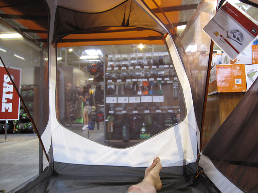 trying out a tent at rei