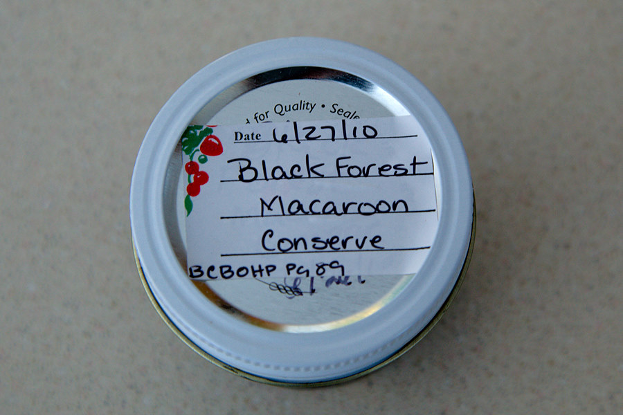 Black Forest Macaroon Conserve, apparently from a recipe in the Ball Complete Book Of Home Preserving (BCBOHP) pg 89. Excellent!