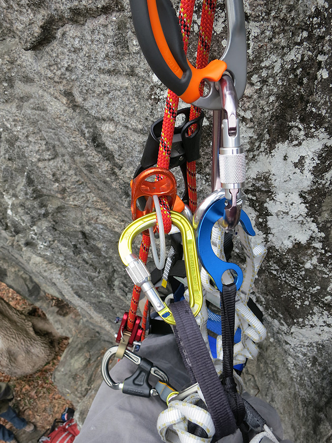 preparing to get off the (3!) ascenders and rappel down; practicing jugging technique