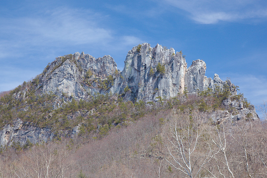 Seneca Rocks; climbers clearly present on Thais Corner, Front C, Prune, and Old Man's