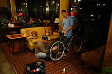 nothing like a late night disc brake overhaul in the hotel lobby