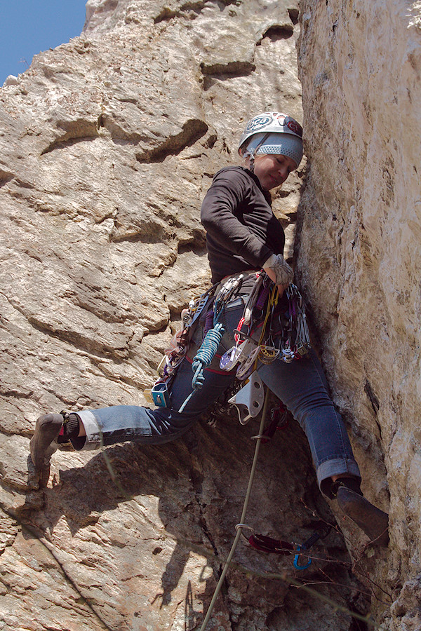 Eliddia leading The Alley (5.7, White Rocks, Pillar 2)