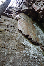 looking up at the flake at the start of The Judgement Seat, 5.10a, at Roy Gap Chimneys