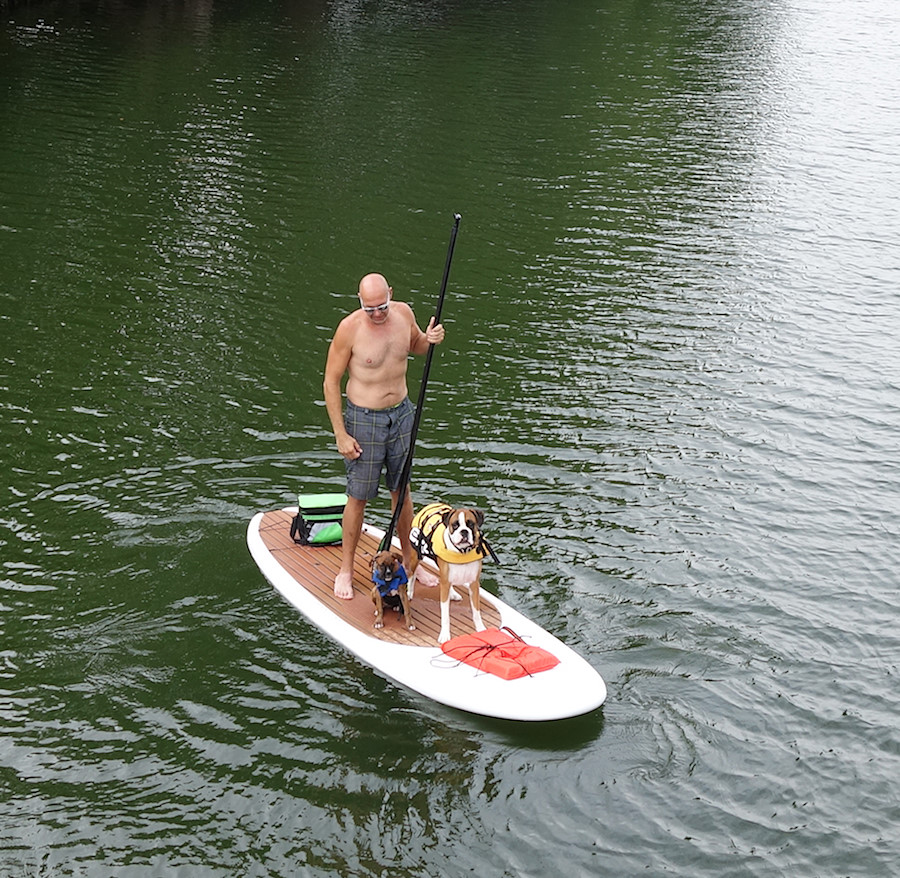 Austinite and his cute dogs wins at stand-up-paddleboarding