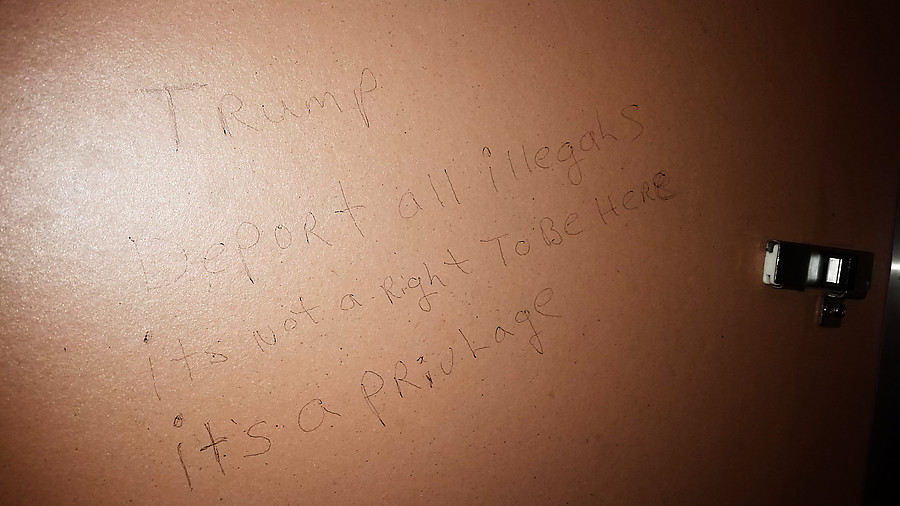 As seen in a rest stop bathroom. Clearly our society faces some complex and multi-facted problems, but this guy just needs a better education.