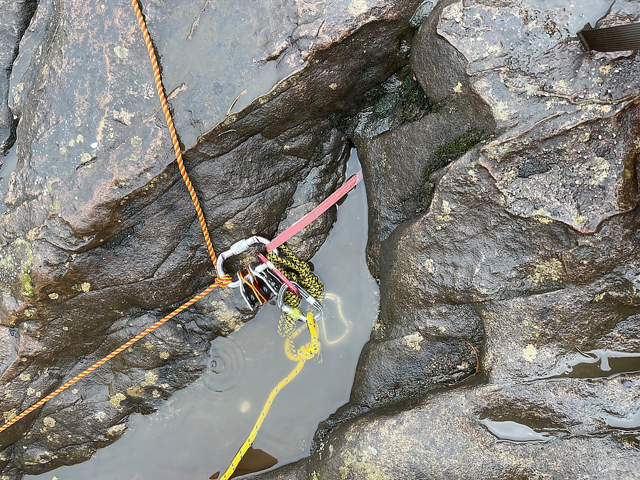 one pink tricam holding several creature crafts to the rock, but I backed it up with a throw rope we could grab if it came loose